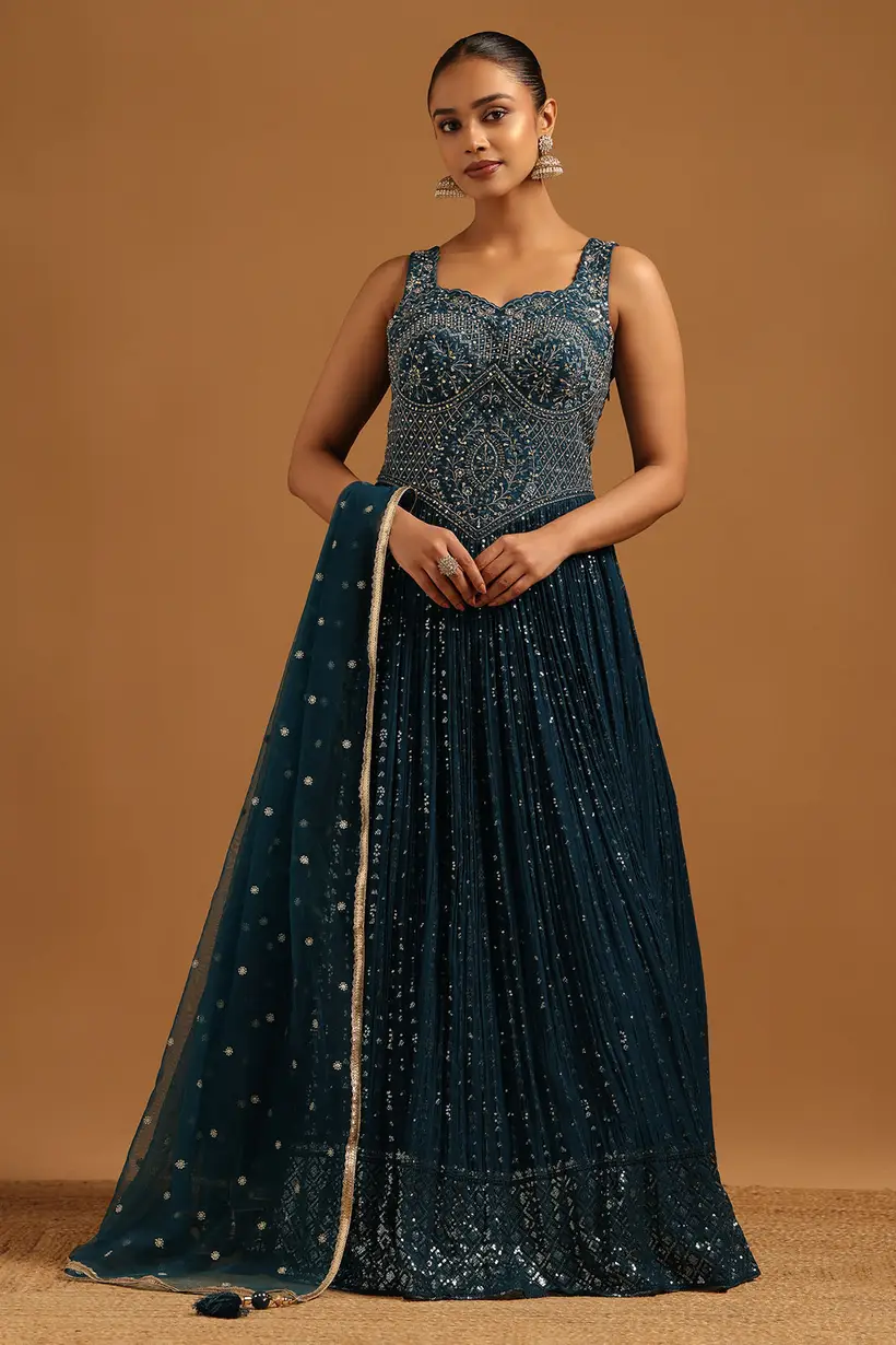 Teal Georgette Floral Gown With Mirror & Stone